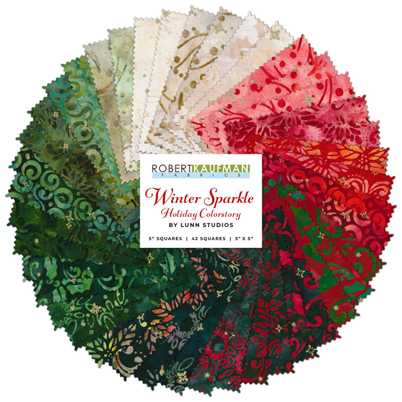 A collection of holiday fabrics in red and green from the Artisan Batiks: Winter Sparkle Holiday Charm Pack