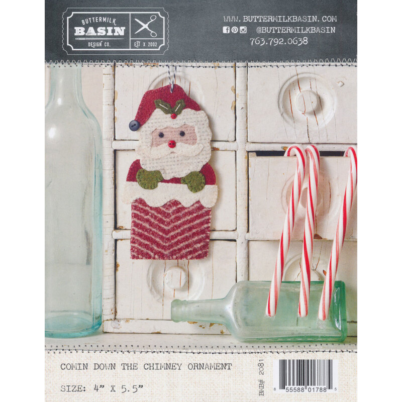 Front of Comin Down the Chimney pattern showing the finished Santa ornament.
