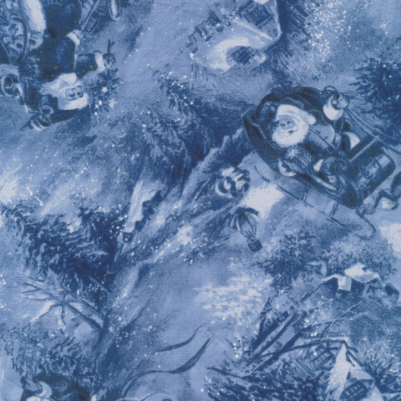 Santa dropping gifts from his sleigh on a blue winter fabric