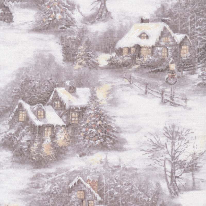 Cabins and trees in the snow on a beige fabric
