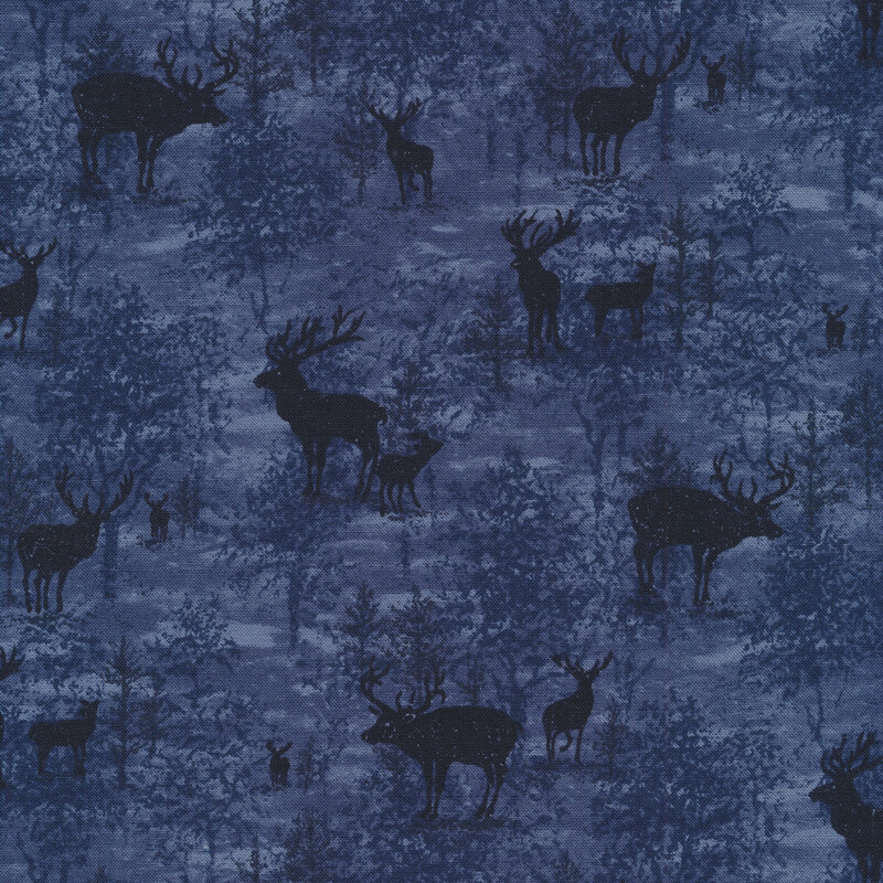 Reindeer and trees on a tonal dark blue background