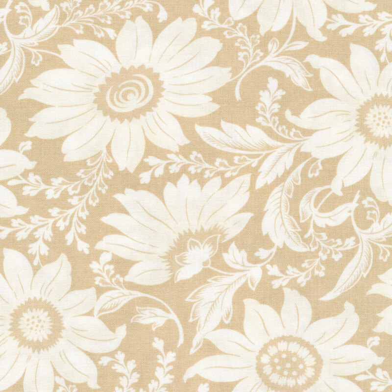 Large flowers and swirling leaves on a tan fabric background.
