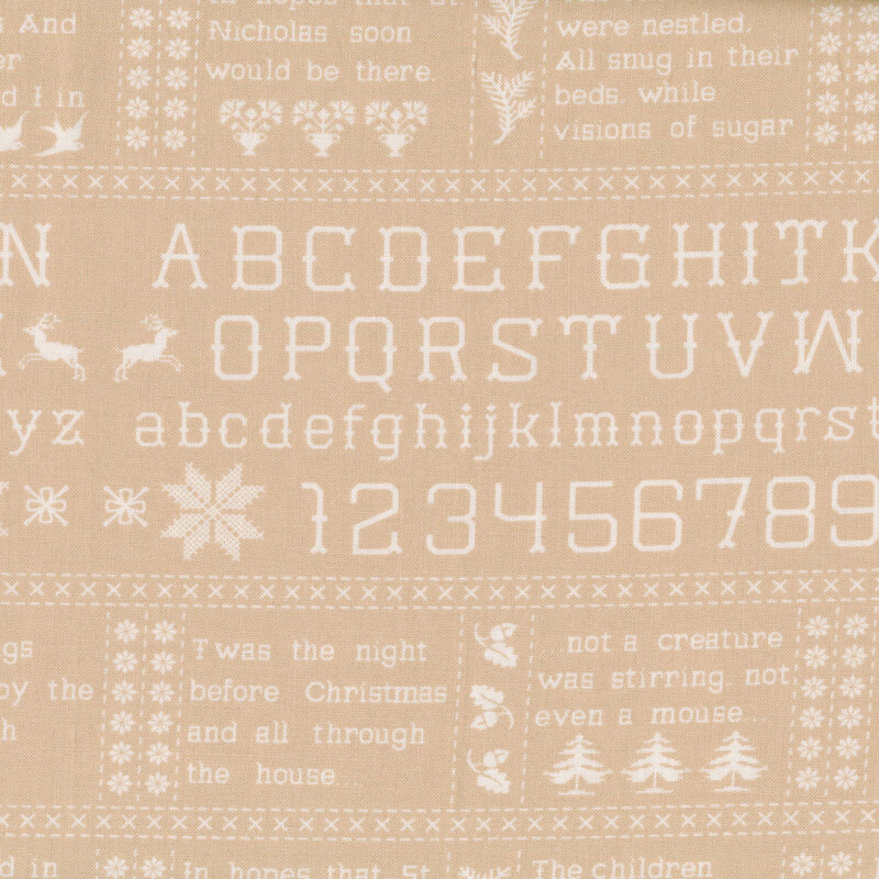 A tan fabric with small animals and flowers, the alphabet, and a poem written in a cream stitched font.