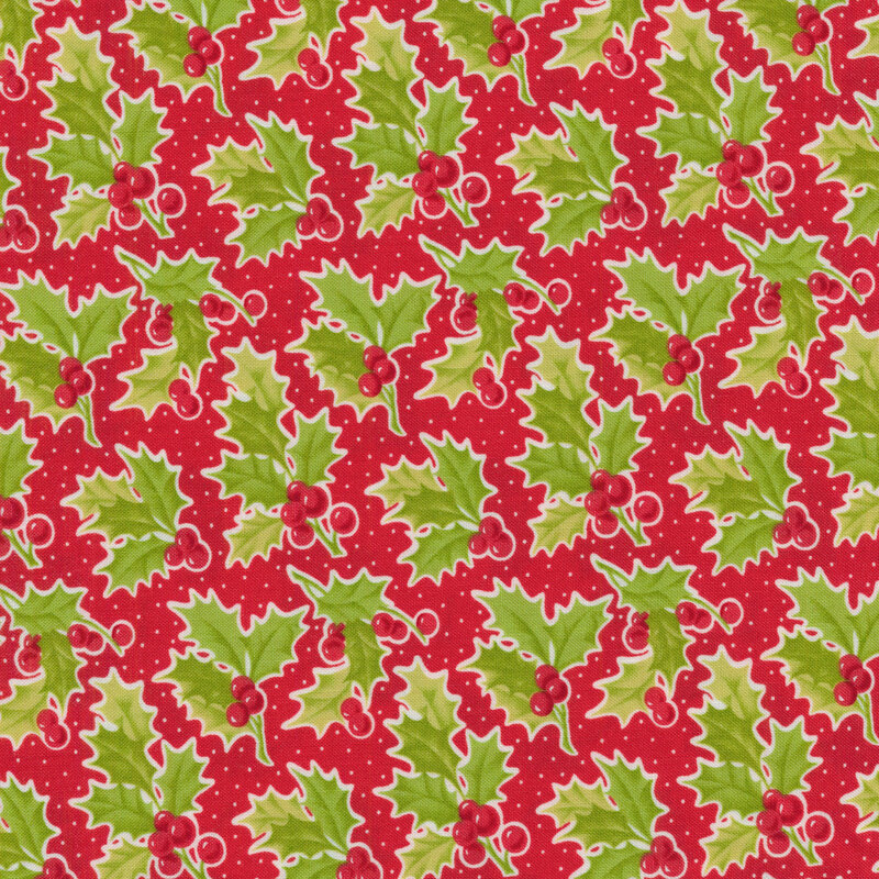 Holly, leaves, and small dots on a red fabric.