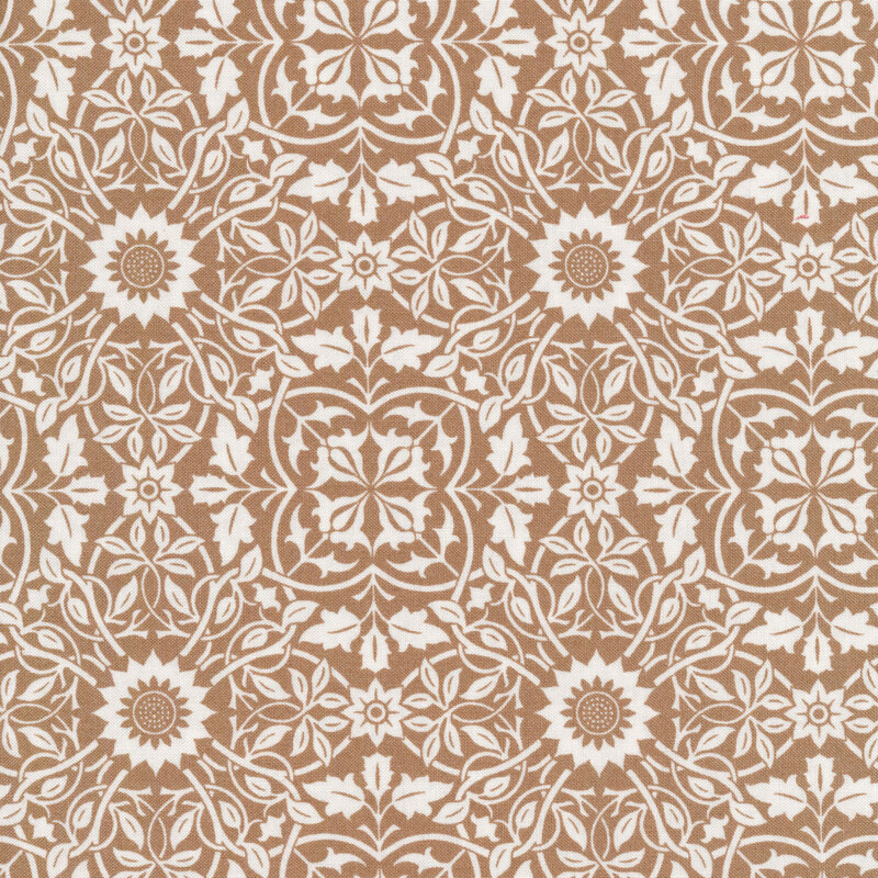 Cream floral damask print on a brown background.