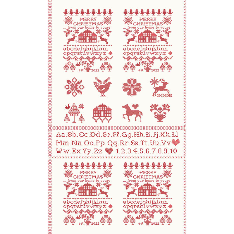 Panel of red homes, animals, plants, flowers, trees, and the alphabet on a cream fabric background.