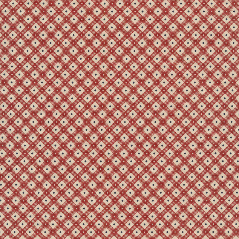 Fabric of tan and blue pin dots throughout a red gingham print on a tan background. 