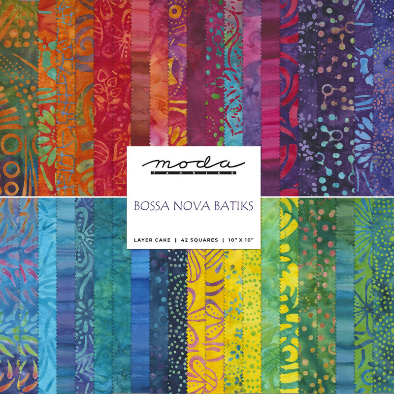 A collage of fabrics included in the Bossa Nova Batiks layer cake