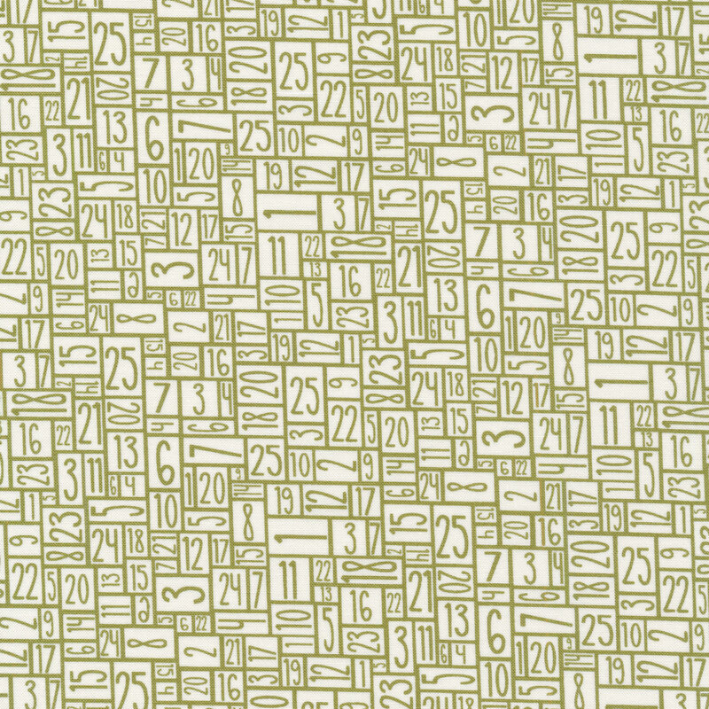 Fabric with a countdown of green numbers and green lines on a white background
