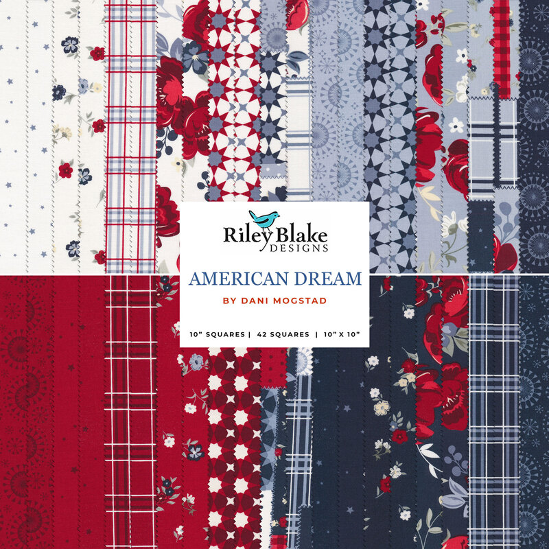A collage of red, white, and blue fabrics from the American Dream Layer Cake