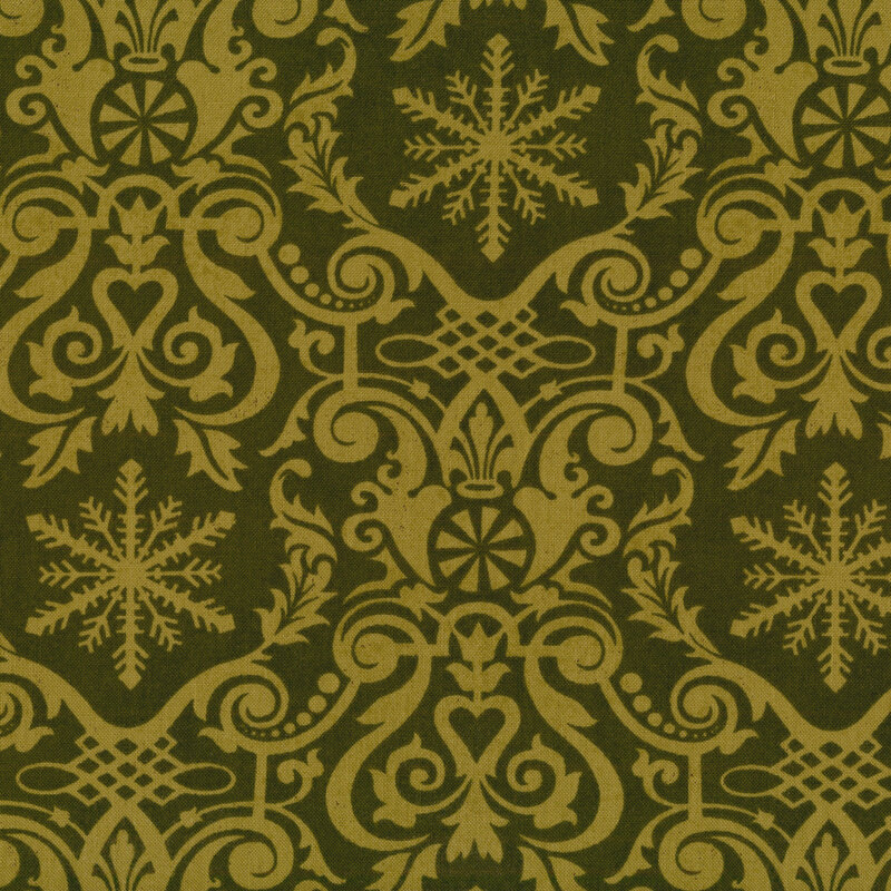 Fabric of a damask print with snowflakes, hearts, and peppermint candies on a green background