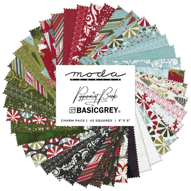 A collage of holiday themed fabrics from the Peppermint Bark Moda Charm Pack