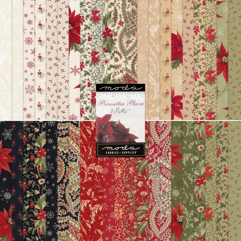 A collage of Christmas inspired fabrics from the Poinsettia Plaza Moda Layer Cake