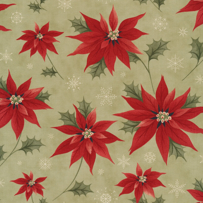 Fabric of poinsettias and snowflakes on a light green background.