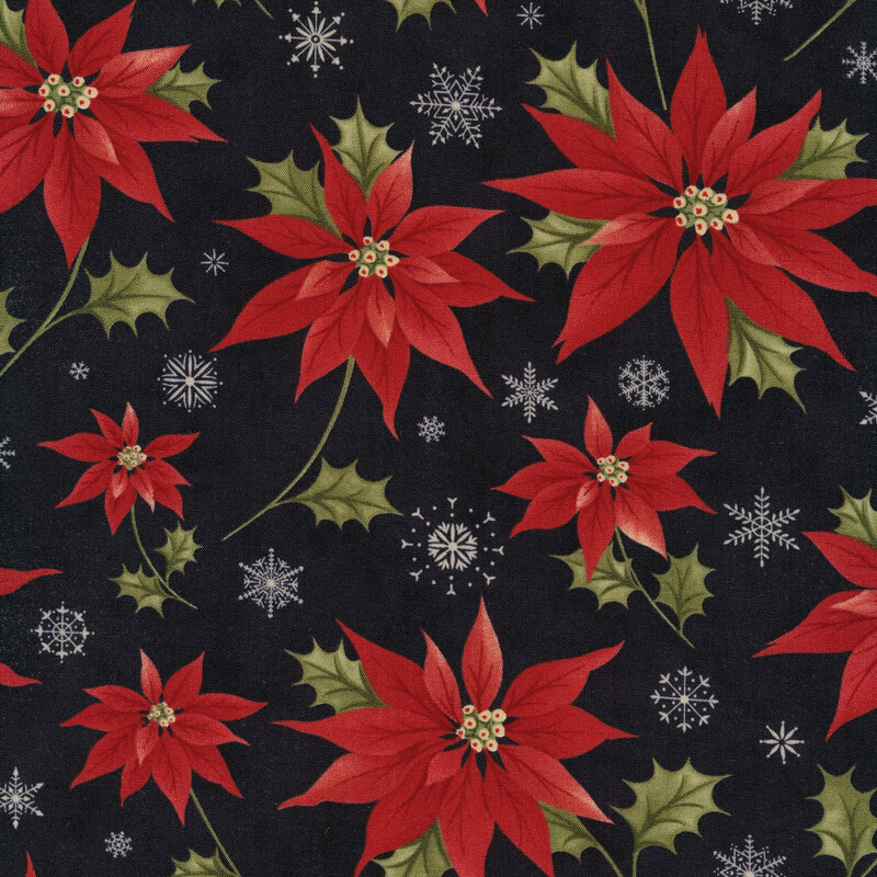 Fabric of poinsettias and snowflakes on a black background.