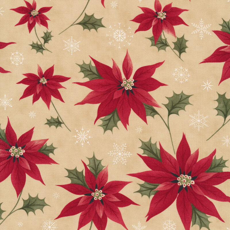 Fabric of poinsettias and snowflakes on a tan background.