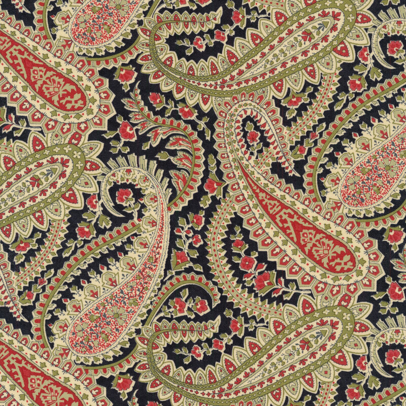Fabric of a swirling paisley print with floral and vines on a black background
