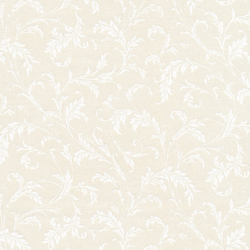 Tonal fabric of flowing swirls of white vines and leaves on a cream background