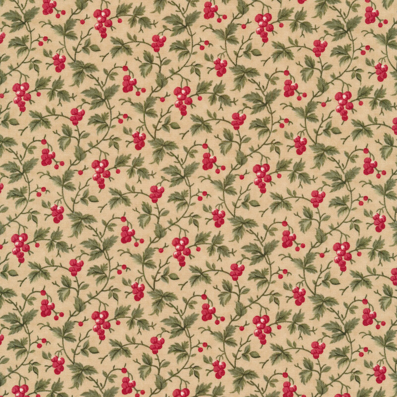 Fabric of berries and leaves on swirling vines on a tan background