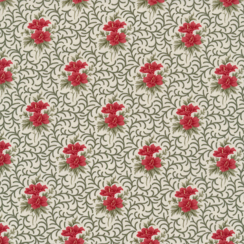 Fabric of a swirling vine pattern and flowers on a cream background
