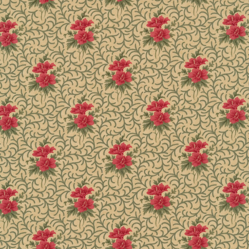 Fabric of a swirling vine pattern and flowers on a tan background