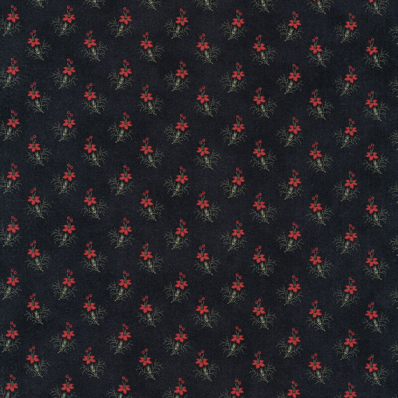 Fabric of a small floral print on a black background