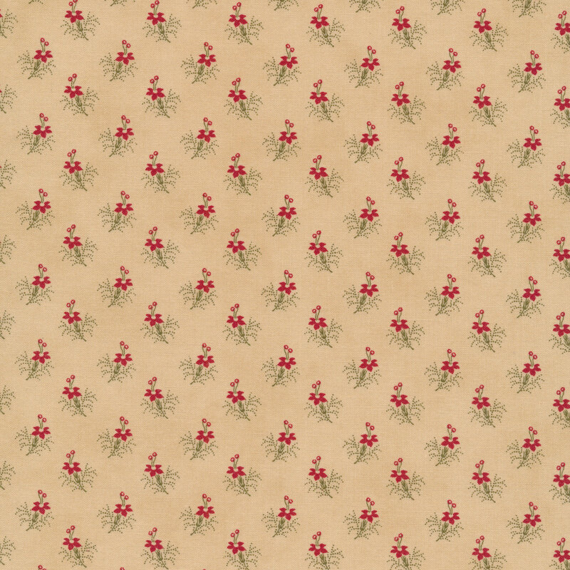 Fabric of a small floral print on a tan background