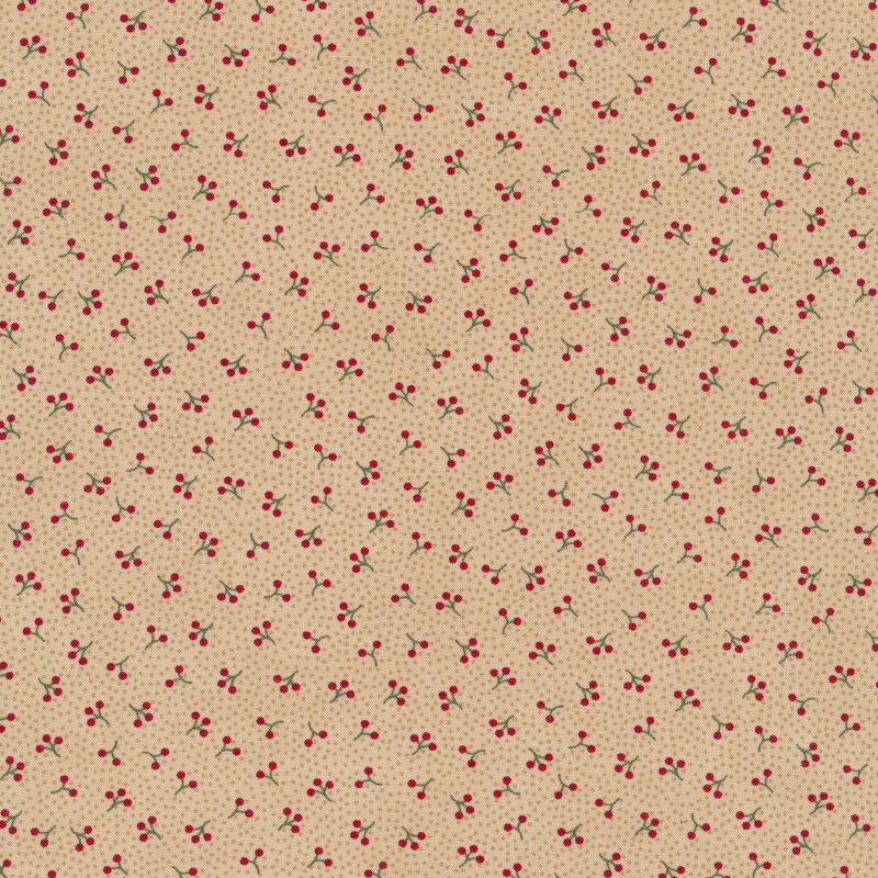 Fabric of clusters of small berries and pin dots on a tan background