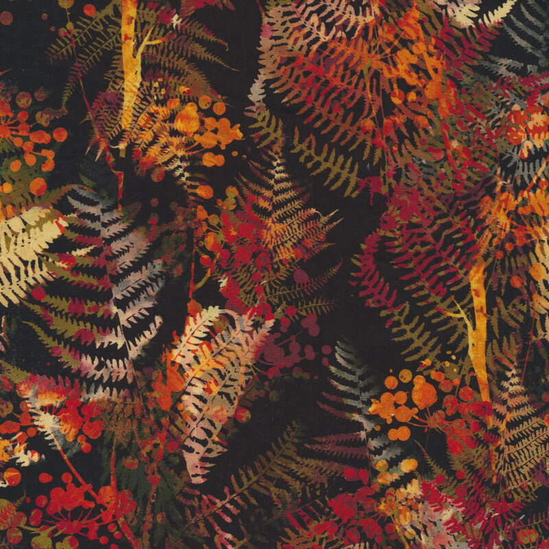 Black fabric with multi colored autumn ferns all over