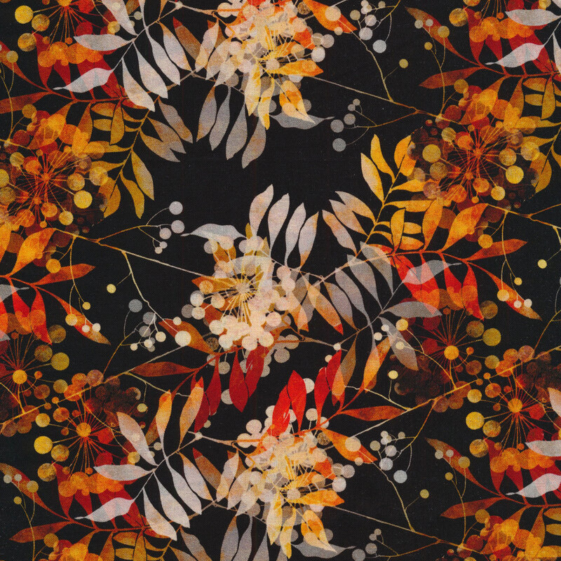 Black fabric with multi colored leaves, flowers, and vines all over