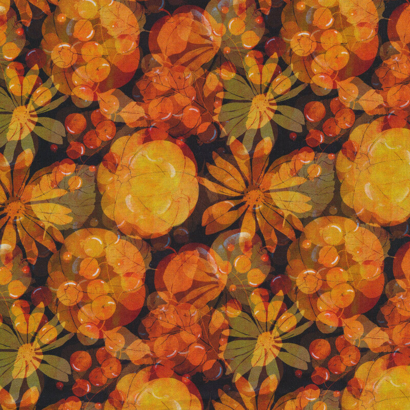 Fabric with orange and red pumpkins and flowers all over a black background