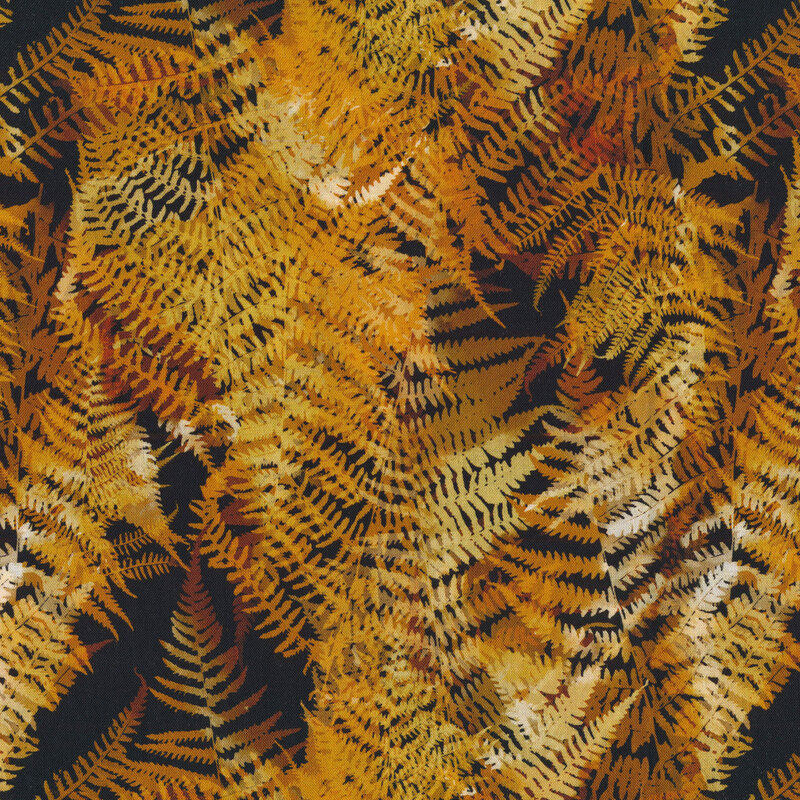 Fabric with brown and tan mottled ferns all over a black background