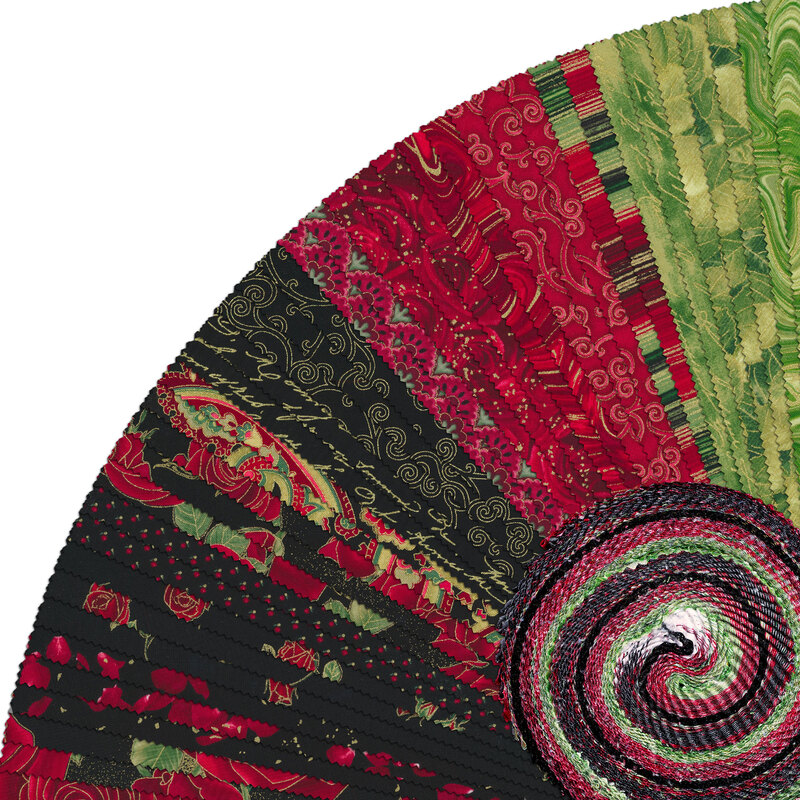 A collage of green, black, and red fabrics from the Gilded Rose strip pack