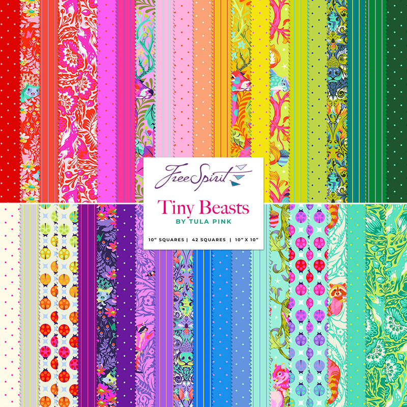 A collage of bright fabrics from the Tiny Beasts Layer Cake