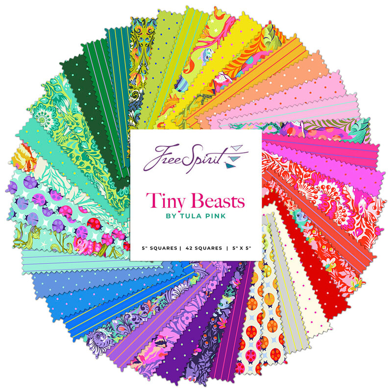 A collage of bright fabrics in the Tiny Beasts Charm Pack