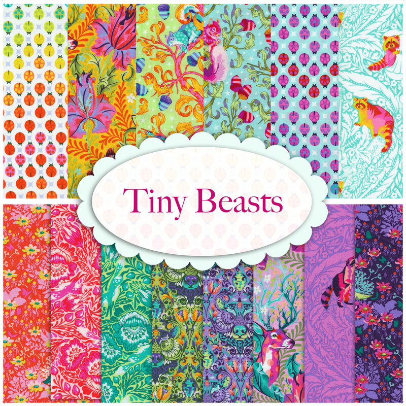 A collage of unique fabrics included in the Tiny Beasts collection