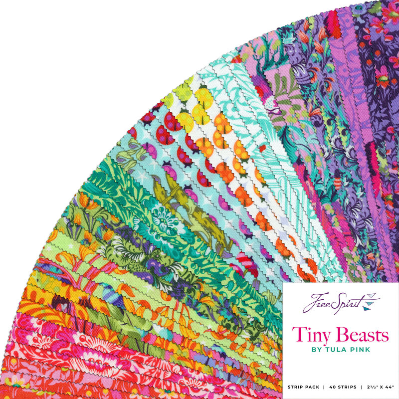 A fanned collage of bright and colorful fabrics in the Tiny Beasts 2-1/2