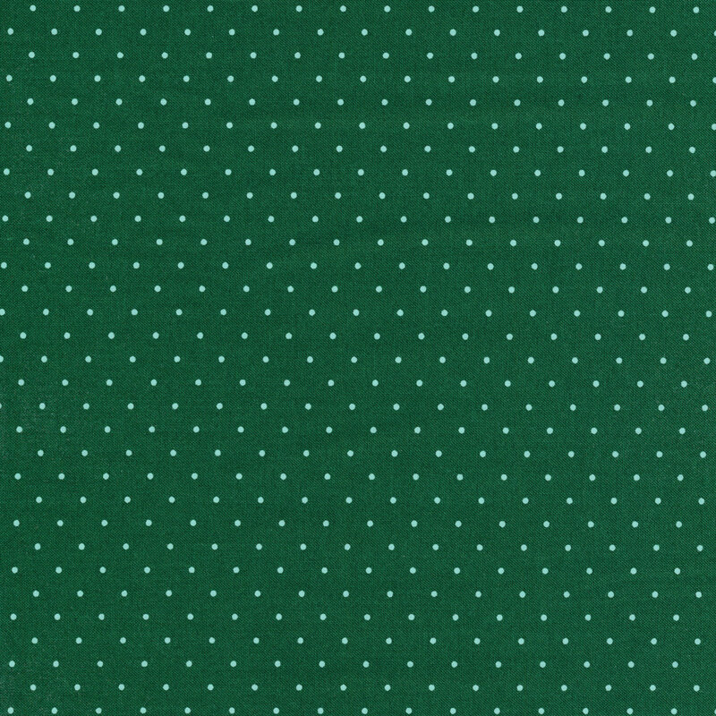 Dark green fabric with small aqua polka dots all over