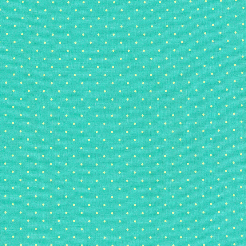 Bright aqua fabric with small yellow polka dots all over