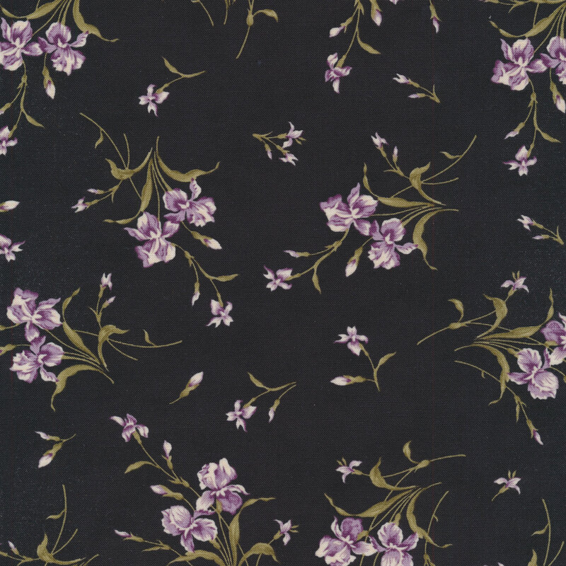 Black fabric with tossed purple flowers all over