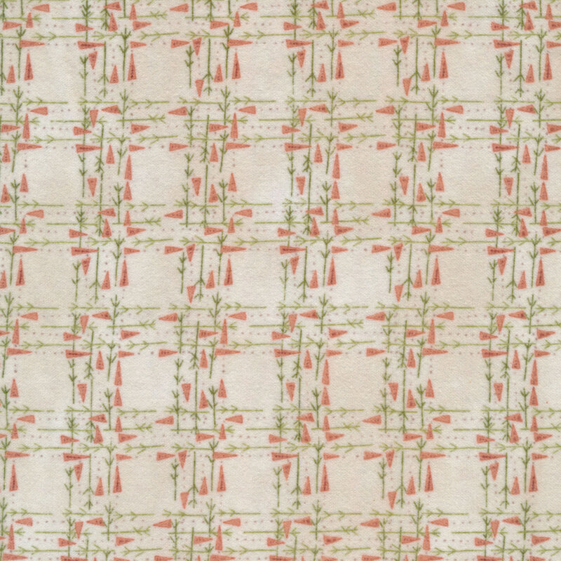 Flannel fabric of lines of carrots and twigs on a neutral background
