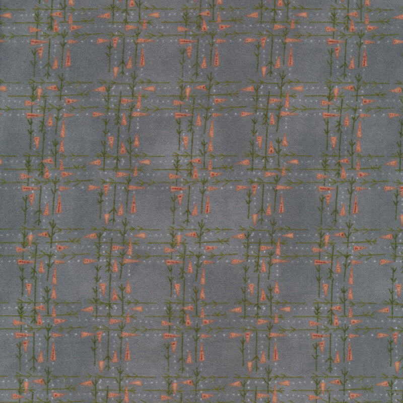 Flannel fabric of lines of carrots and twigs on a blue gray background