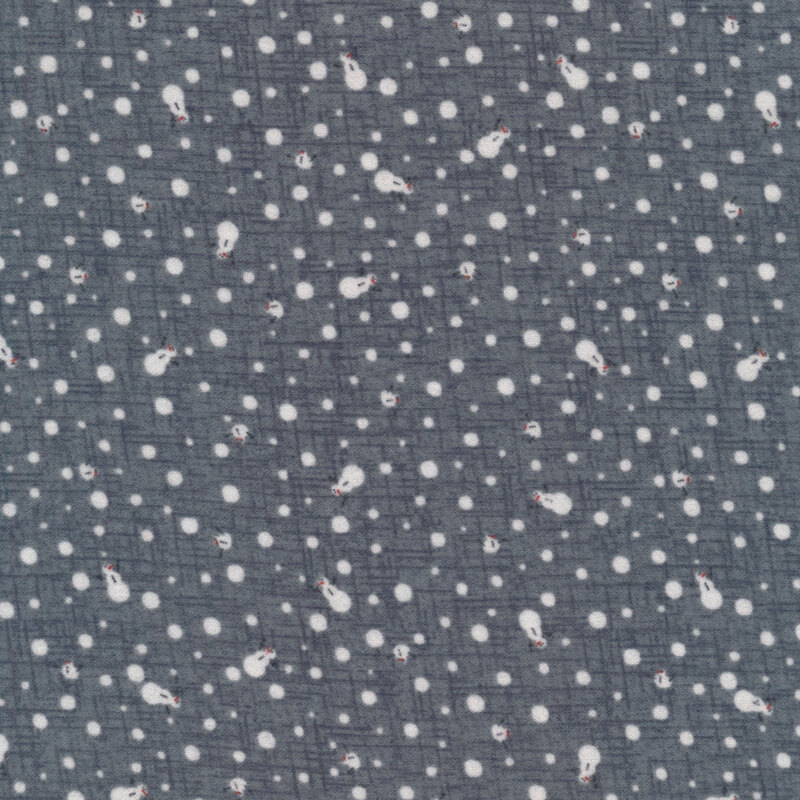 Flannel fabric of ditsy snowmen and polka dots on a gray cross-hatched background
