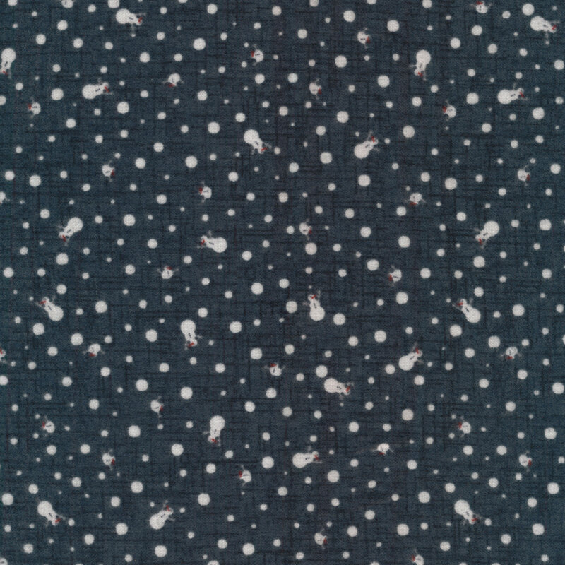 Flannel fabric of ditsy snowmen and polka dots on a dark navy gray cross-hatched background