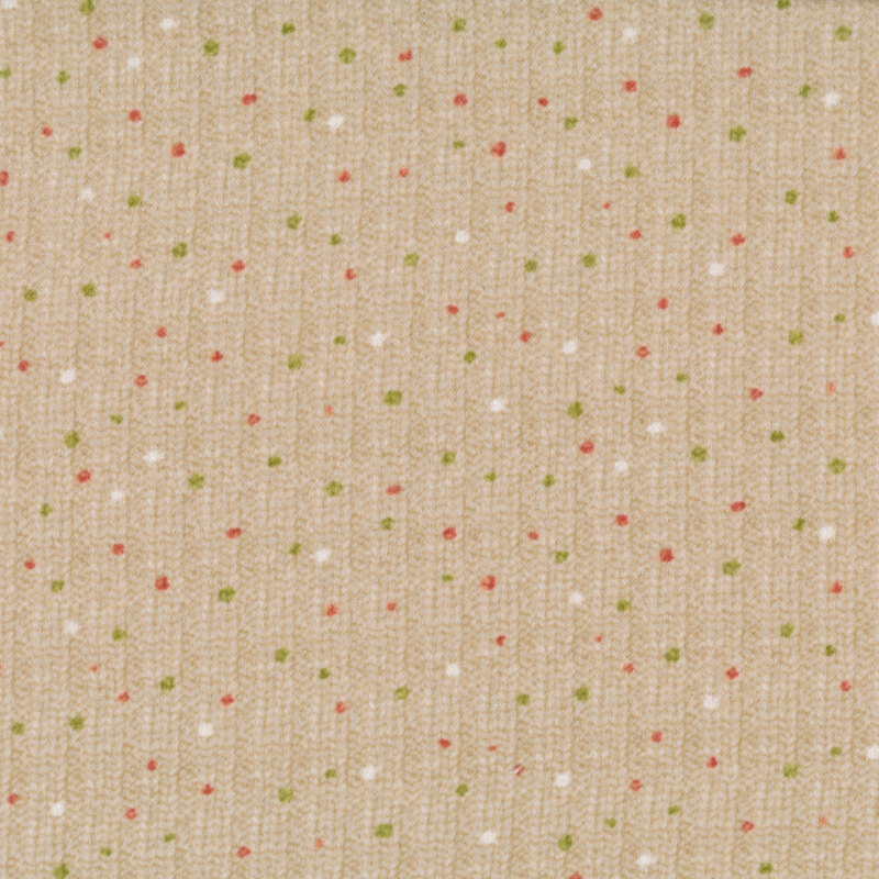 Flannel fabric of a knit print and colored polka dots on a cream background