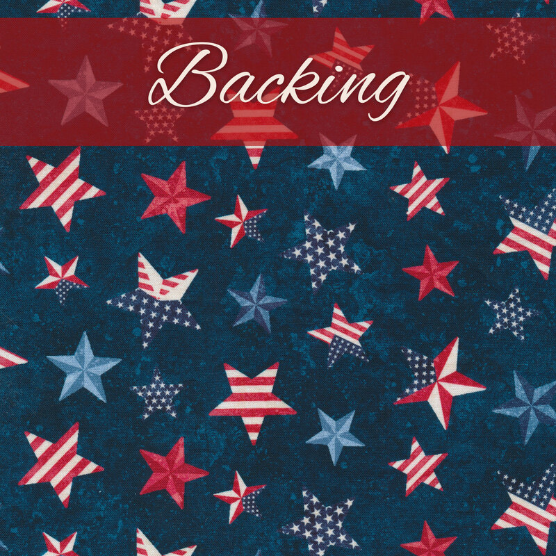 Red, white, and blue stars on dark blue marbled background labeled as backing.