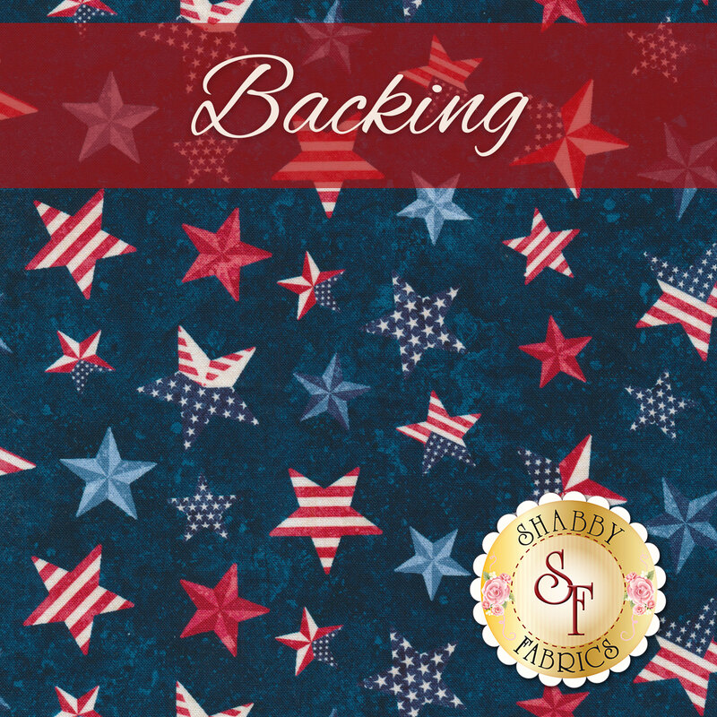 A swatch of mottled dark blue fabric with red, white, and blue patriotic stars. A red banner at the top reads 