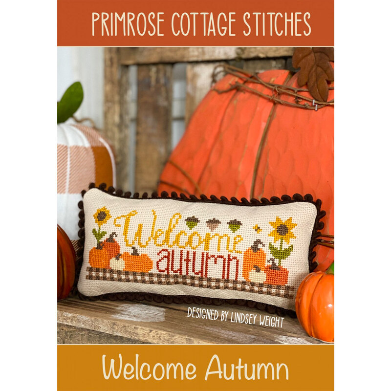 The front of the Welcome Autumn Cross Stitch pattern by Primrose Cottage Stitches showing the finished project.