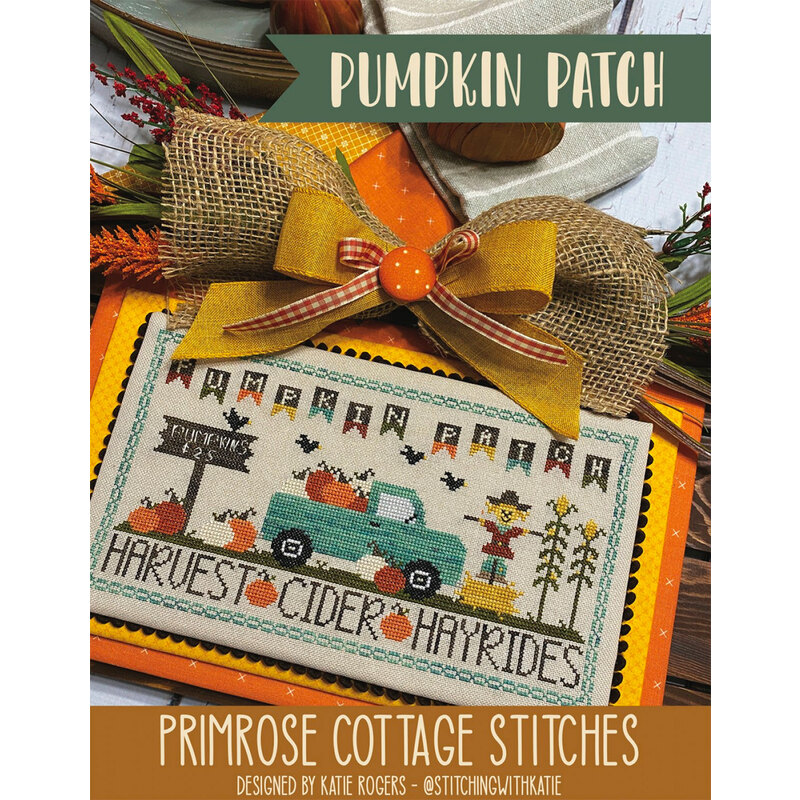 The front of the Pumpkin Patch Cross Stitch pattern by Primrose Cottage showing the finished project.