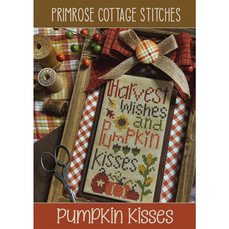 The front of the Pumpkin Kisses Cross Stitch pattern by Primrose Cottage showing the finished project.